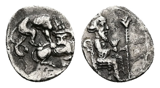 Cilicia. Tarsos. Mazaios, Satrap of Cilicia. AR Obol, 0.43 g 9.73 mm. 361-334 BC...