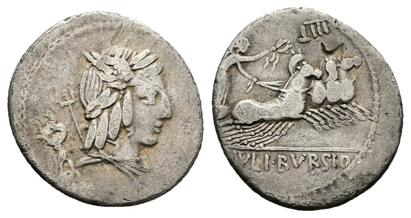 L. Julius Bursio. 85 BC. AR, Denarius. 3.95 g. 19.66 mm. Rome.
Obv: Laureate, dr...