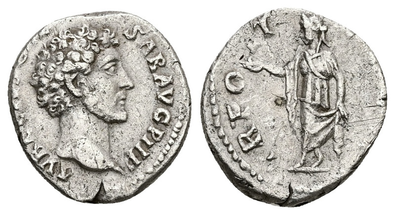 Marcus Aurelius as Caesar, AD 139-161. AR, Denarius. 2.86 g. 17.49 mm. Rome.
Ob...