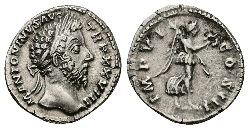 Marcus Aurelius, AD 161-180. AR, Denarius. 3.25 g. 19.09 mm. Rome.
Obv: M ANTON...