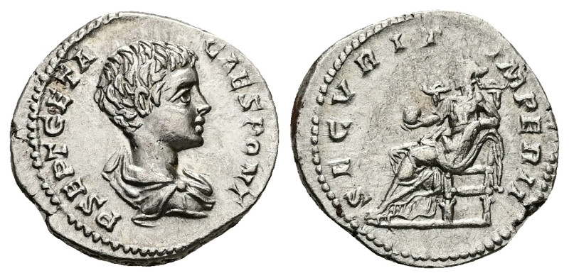 Geta as Caesar, AD 198-209. AR, Denarius. 3.44 g. 19.27 mm. Rome.
Obv: P SEPT GE...