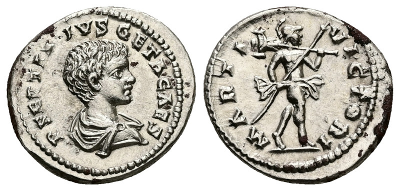 Geta as Caesar, AD 198-209. AR, Denarius. 3.69 g. 20.08 mm. Rome.
Obv: P SEPTIMI...