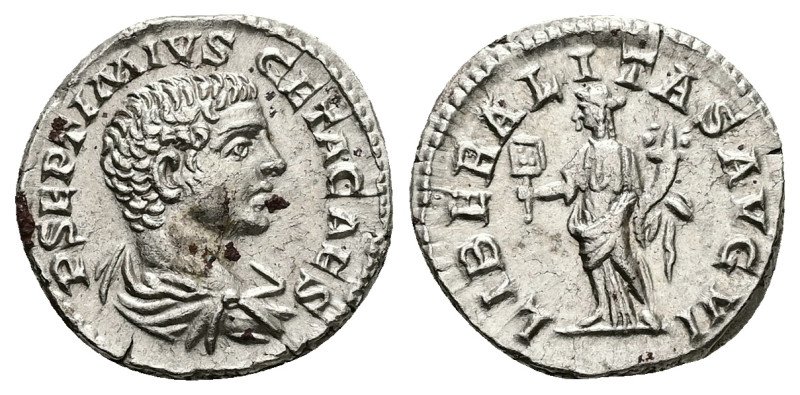 Geta as Caesar, AD 198-209. AR, Denarius. 3.20 g. 18.44 mm. Rome.
Obv: P SEPTIMI...