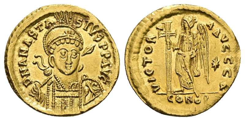 Anastasius I, AD 491-498. AV, Solidus. 4.49 g. 19.90 mm. Constantinople.
Obv: D ...