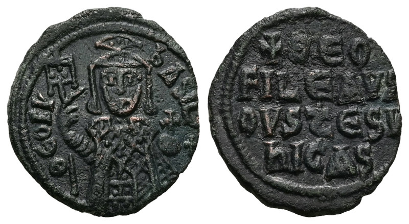 Theophilus, AD 829-842. AE, Follis. 2.58 g. 21.98 mm. Constantinople.
Obv: ΘEOFI...