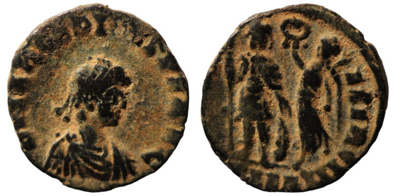 Arcadius. (394-400 AD). Follis. (17mm, 2,16g) Antioch. Obv: DN ARCADIVS PF AVG. ...