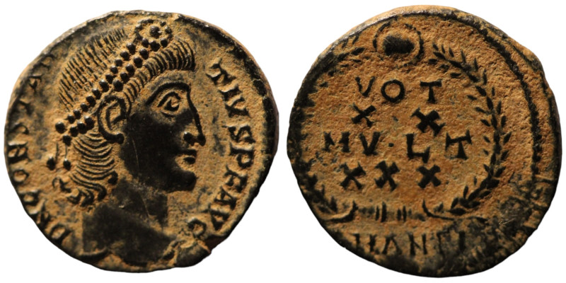 Constans. (347-348 AD). Æ Follis. (15mm, 1,98g) Antioch. Obv: D N CONSTANS P F A...