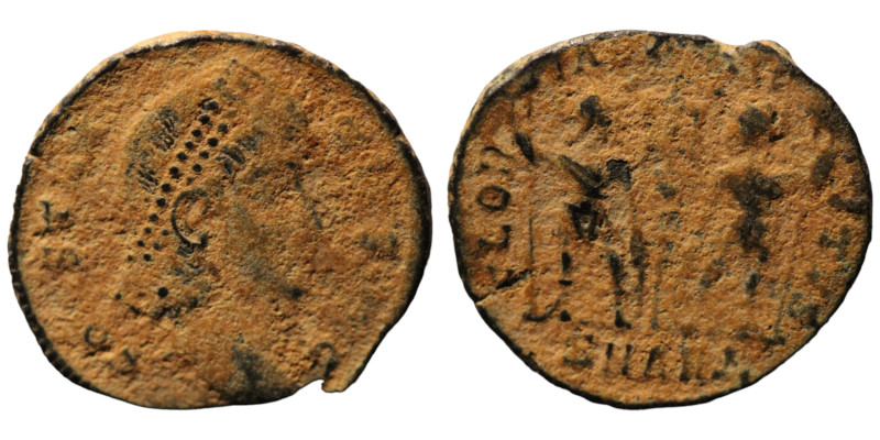 Constans. (346-349 AD). Æ Follis. (16mm, 1,64g) Antioch. Obv: DN FL CONSTANS PF ...