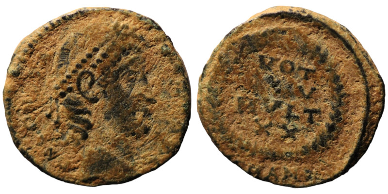 Constans. (347-348 AD). Æ Follis. (15mm, 1,85g) Antioch. Obv: D N CONSTANS P F A...