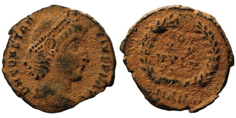 Constans. (347-348 AD). Æ Follis. (16mm, 1,69g) Antioch. Obv: D N CONSTANS P F A...