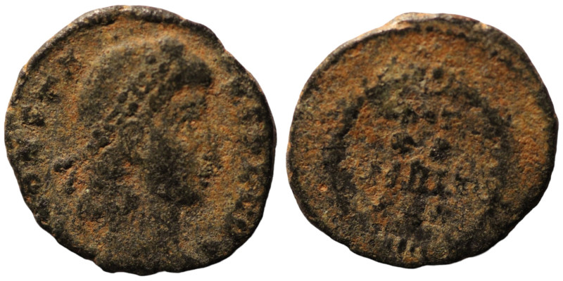 Constans. (347-348 AD). Æ Follis. (15mm, 1,69g) Antioch. Obv: D N CONSTANS P F A...