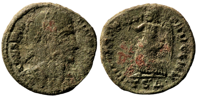 Valens. (364-367 AD). Æ Follis. (18mm, 3,42g) Thessalonica. Obv: D N VALENS P F ...