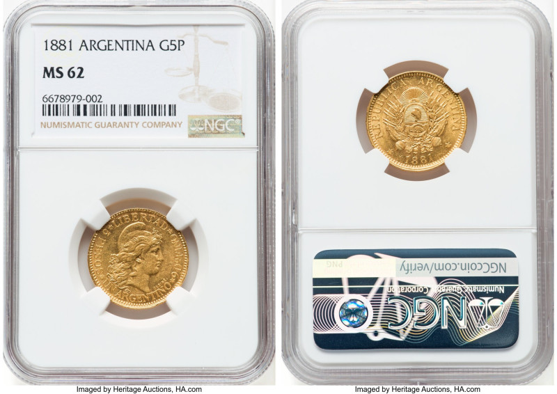 Republic gold 5 Pesos (Argentino) 1881 MS62 NGC, Buenos Aires mint, KM31, Fr-14....