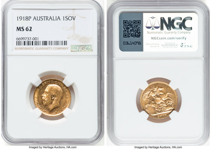 George V gold Sovereign 1918-P MS62 NGC, Perth mint, KM29, S-4001. HID0980124201...