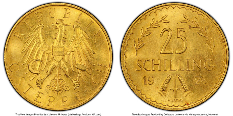 Republic gold Prooflike 25 Schilling 1926 PL65 PCGS, Vienna mint, KM2841, Fr-521...