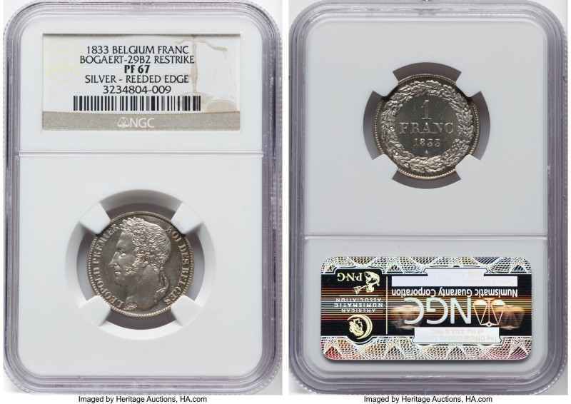 Leopold I silver Proof Restrike Franc 1833 PR67 NGC, Bogaert-29B2. Reeded edge. ...