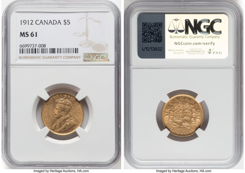 George V gold 5 Dollars 1912 MS61 NGC, Ottawa mint, KM26, Fr-4. HID09801242017 ©...