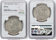Republic Peso 1939 MS62 NGC, Philadelphia mint, KM22. Two year type. On the cusp of a Choice designation, this popular issue sits upon the top curve o...