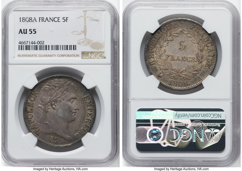 Napoleon 5 Francs 1808-A AU55 NGC, Paris mint, KM686.1, Gad-583, F-306. An allur...