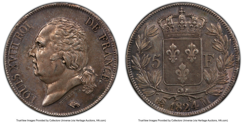 Louis XVIII 5 Francs 1824-M AU58 PCGS, Toulouse mint, KM711.9, Gad-614. HID09801...