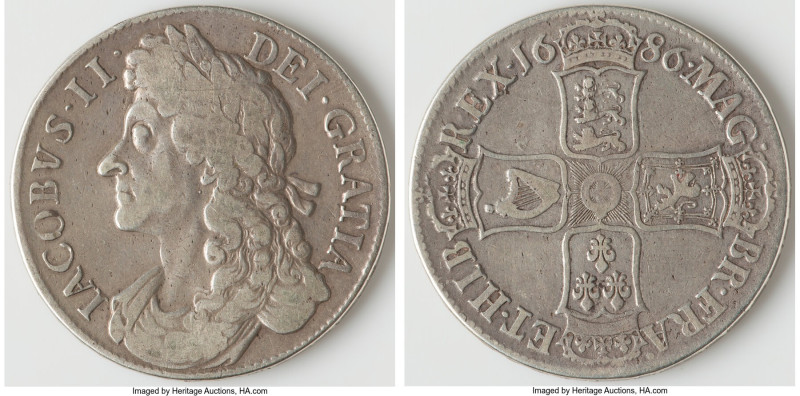 James II Crown 1686 VF, KM457, Dav-3778, S-3406. SECVNDO on edge. 39.0mm. 29.68g...