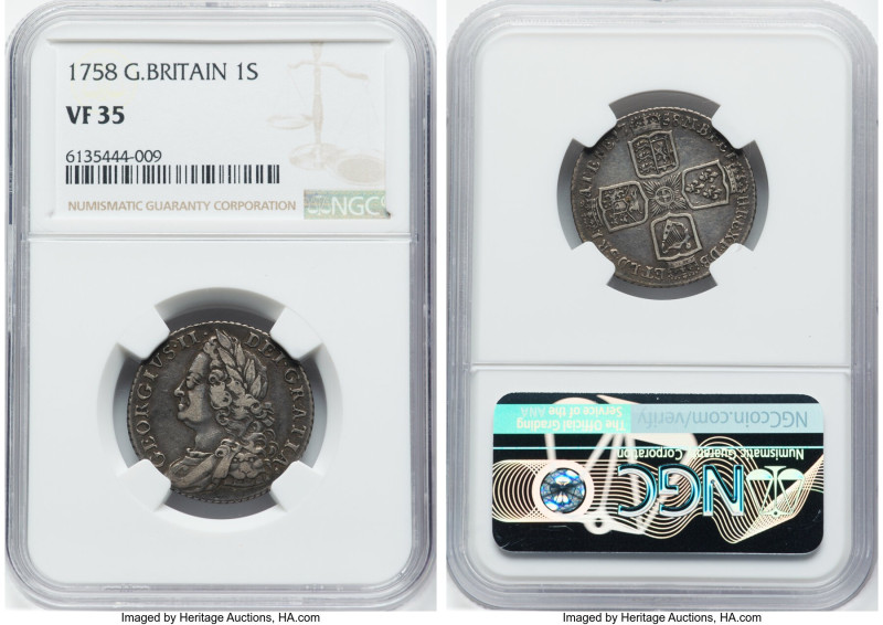 George II Shilling 1758 VF35 NGC, KM583.3, S-3704. HID09801242017 © 2023 Heritag...
