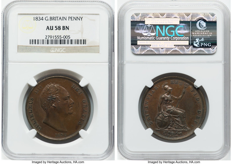 William IV Penny 1834 AU58 Brown NGC, KM707, S-3845. HID09801242017 © 2023 Herit...