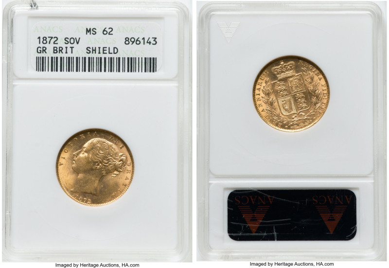 Victoria gold "Shield" Sovereign 1872 MS62 ANACS, KM752, S-3856A. Die number 51....