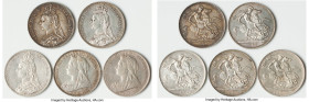 Victoria 5-Piece Lot of Uncertified Assorted Crowns, 1) Crown 1889 - XF, KM765, S-3921. 38.5mm. 28.21gm. 2) Crown 1890 - AU, KM765, S-3921. 38.6mm. 28...