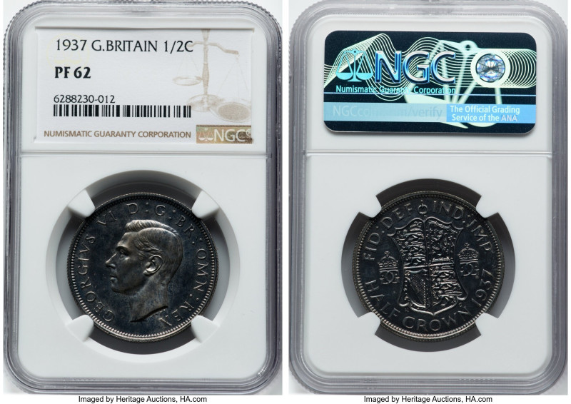 George VI Pair of Certified Proof Issues 1937 NGC, 1) Proof 1/2 Crown - PR62, KM...