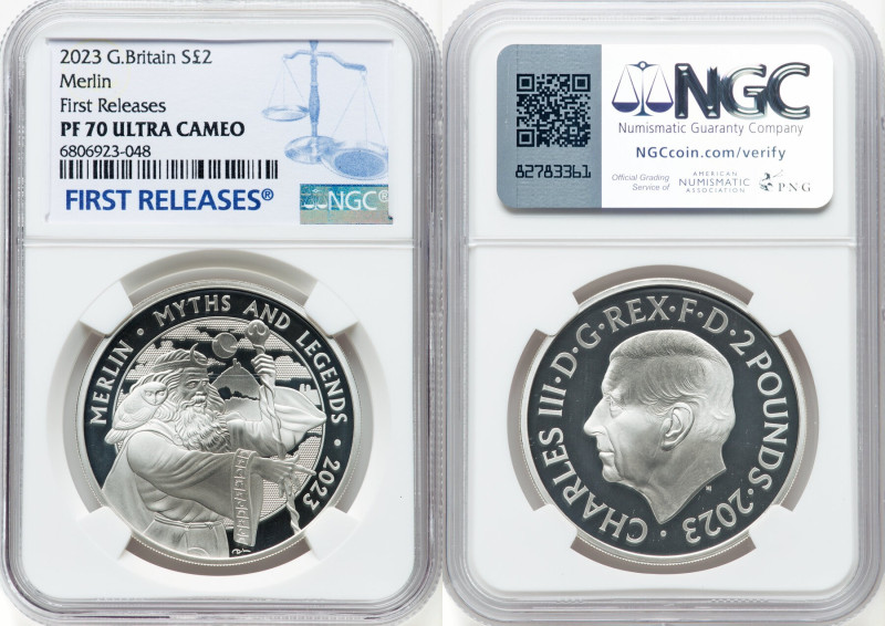 Charles III silver Proof "Merlin" 2 Pounds (1 oz) 2023 PR70 Ultra Cameo NGC, Min...