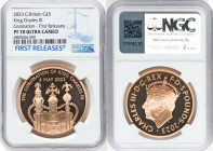 Charles III gold Proof "King Charles III Coronation" 5 Pounds 2023 PR70 Ultra Cameo NGC, Mintage: 735. Edge Inscription: GOD SAVE OUR GRACIOUS KING. F...