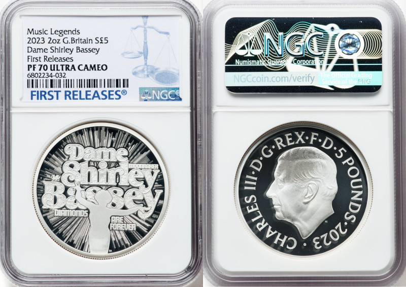 Charles III silver Proof "Dame Shirley Bassey" 5 Pounds (2 oz) 2023 PR70 Ultra C...