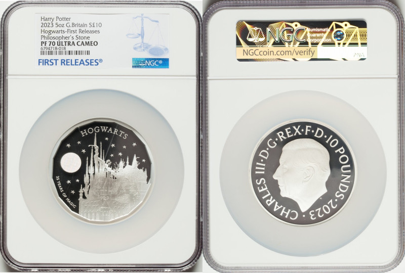 Charles III silver Proof "Hogwarts" 10 Pounds (5 oz) 2023 PR70 Ultra Cameo NGC, ...