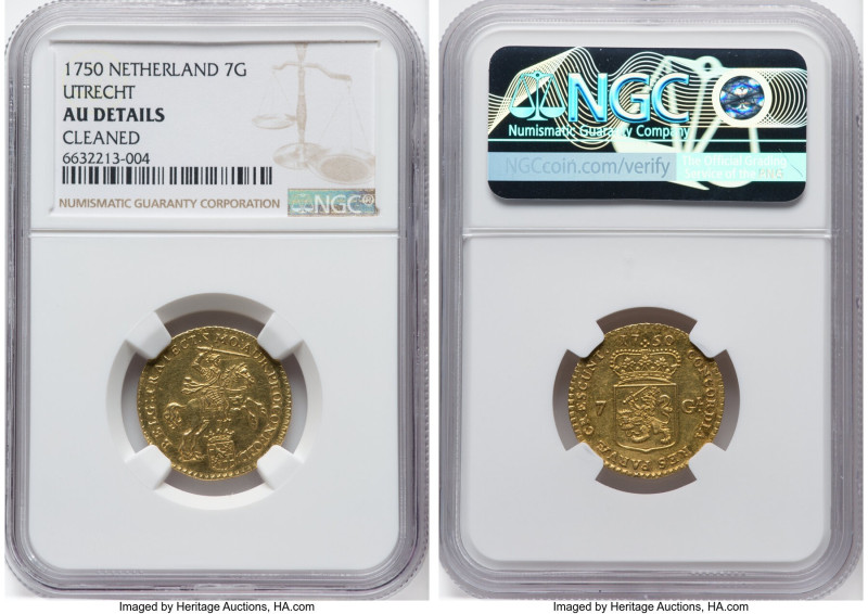 Utrecht. Provincial gold 7 Gulden 1750 AU Details (Cleaned) NGC, Utrecht mint, K...