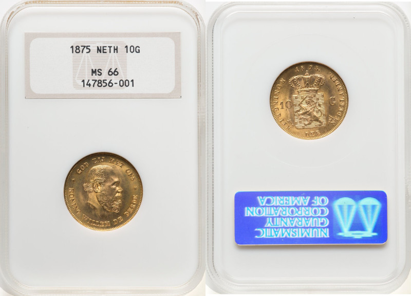 Willem III gold 10 Gulden 1875 MS66 NGC, Utrecht mint, KM105, Fr-342. HID0980124...