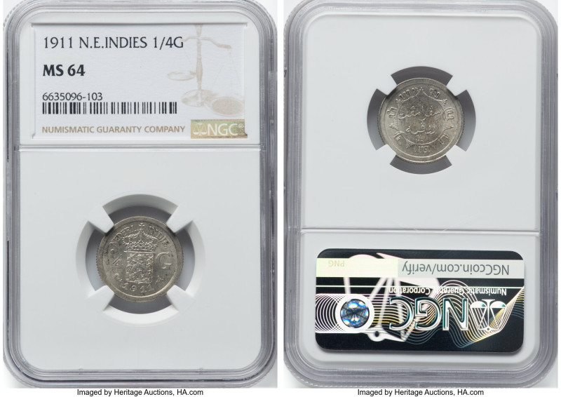 Dutch Administration. Wilhelmina Pair of Certified 1/4 Gulden MS64 NGC, 1) 1/4 G...