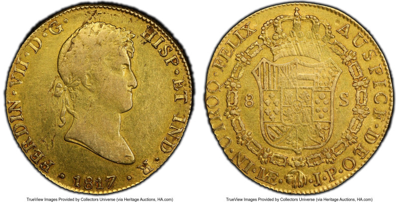 Ferdinand VII gold 8 Escudos 1817 LM-JP VF Details (Scratch) PCGS, Lima mint, KM...