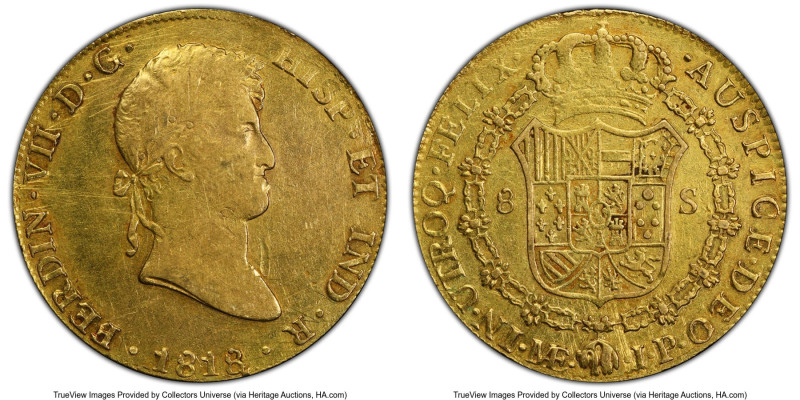Ferdinand VII gold 8 Escudos 1818 LM-JP VF Details (Damage) PCGS, Lima mint, KM1...