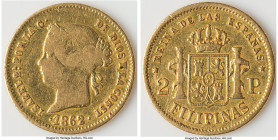 Spanish Colony. Isabel II gold 2 Pesos 1862 VF, Manila mint, KM143, Fr-2. 17.8mm. 3.19gm. HID09801242017 © 2023 Heritage Auctions | All Rights Reserve...