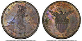 USA Administration Proof Peso 1904 PR58 PCGS, Philadelphia mint, KM168. Mintage: 1,355. With slight movement, lovely dabbling of rainbow hues appear t...