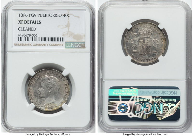 Spanish Colony. Alfonso XIII 40 Centavos 1896-PGV XF Details (Cleaned) NGC, Madr...