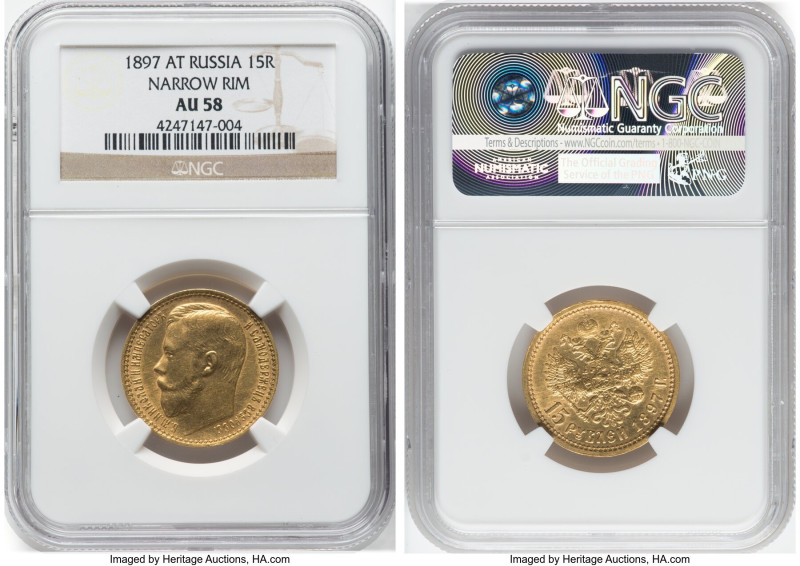 Nicholas II gold "Narrow Rim" 15 Roubles 1897-AΓ AU58 NGC, St. Petersburg mint, ...