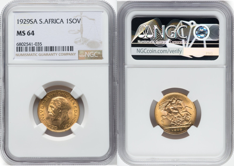 George V gold Sovereign 1929-SA MS64 NGC, Pretoria mint, KM-A22, S-4005. HID0980...