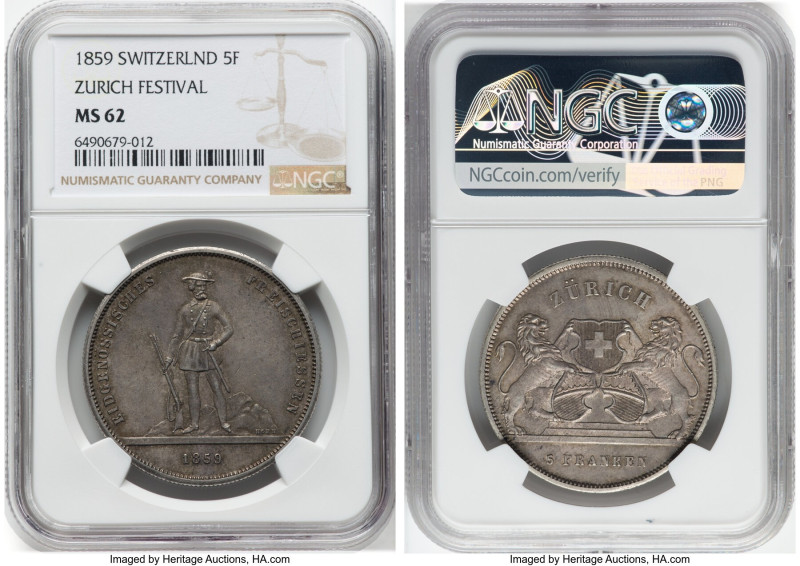 Confederation "Zurich Shooting Festival" 5 Francs 1859 MS62 NGC, Bern mint, KM-X...