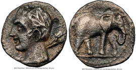 PUNIC SPAIN. Barcids. Ca. 237-209 BC. AR quarter-shekel (12mm, 1.47 gm, 11h). NGC Choice XF 5/5 - 2/5. Head of Melqart or Hannibal left, club over sho...