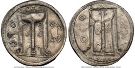 BRUTTIUM. Croton. Ca. 530-500 BC. AR stater (26mm, 7.47 gm, 12h). NGC (photo-certificate) Choice VF 5/5 - 2/5. ϘPO (P reversed), ornamented sacrificia...