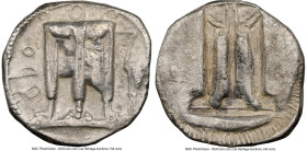 BRUTTIUM. Croton. Ca. 480-430 BC. AR stater (20mm, 6h). NGC Choice VF. ϘPO, tripod with leonine feet, heron standing left to right; beaded border / In...