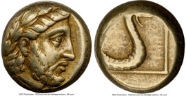 LESBOS. Mytilene. Ca. 377-326 BC. EL sixth-stater or hecte (10mm, 2.55 gm, 12h). NGC VF 4/5 - 4/5. Laureate head of Zeus right / Serpent forepart slit...