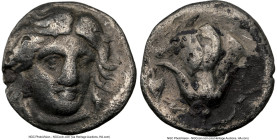 CARIAN ISLANDS. Rhodes. Ca. 316-305 BC. AR hemidrachm (12mm, 1h). NGC Choice Fine Facing head of Helios, turned slightly right, hair parted in center ...